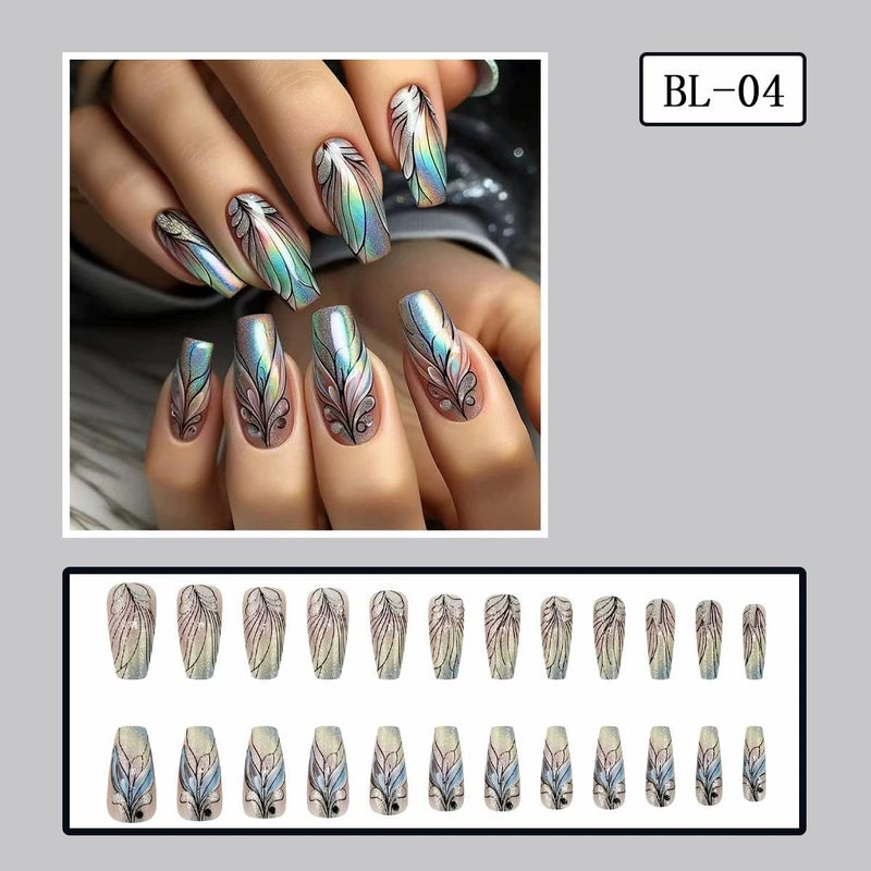 juggssa Press on Nails Medium Coffin Fake Nails Rainbow Glitter Acrylic Ballet Nails Rainbow Gradient Acrylic Full Cover Reusable False Nails with Jelly Glue Stick on Nails Glue on Nails for Women 24PCS - Image 4